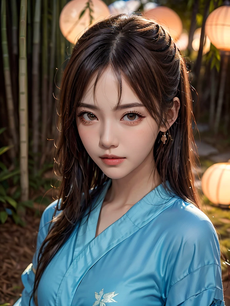 Highest quality, masterpiece, Ultra-high resolution, (Realistic:1.4), RAW Photos, One Girl, Incredibly beautiful kimono, Twelve-layered kimono, Japanese clothing, Deep Shadow, Moderate, Bamboo forest at night, Illuminated by the moonlight, 20-year-old,Cute face, (head shot:1.5)