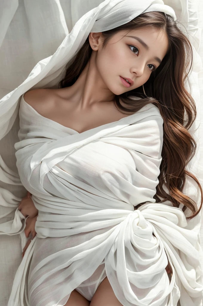 Browsing Caution, ((highest quality)), ((8k)), ((masterpiece:1.3)), (Perfect appearance), (Light realism:1.6), (Naked woman wrapped in white sheets: 1.2), (Morning bedroom with the sun shining in), Japanese women, 80 years old, ((Realistic skin texture)), (Large wrinkles all over the skin: 1.3), (White skin: 1.1), (Moisturized Skin: 1.2), (Facial wrinkles : 1), (Wrinkles around the eyes: 1.2), double eyelid, Lower eyelid tear trough, (Crying Mole: 0.9), The eyes are looking here, Gaze seriously., (Dimples: 1.2), Long Hair , (Long Wavy Hair), (Hair on the ears falls out), A tense look, Big Breasts, Clearer cleavage (Wrapped in white cloth.: 1.6), (whole body: 1.4), Beautiful belly button, Old woman's face, 80 years old.
