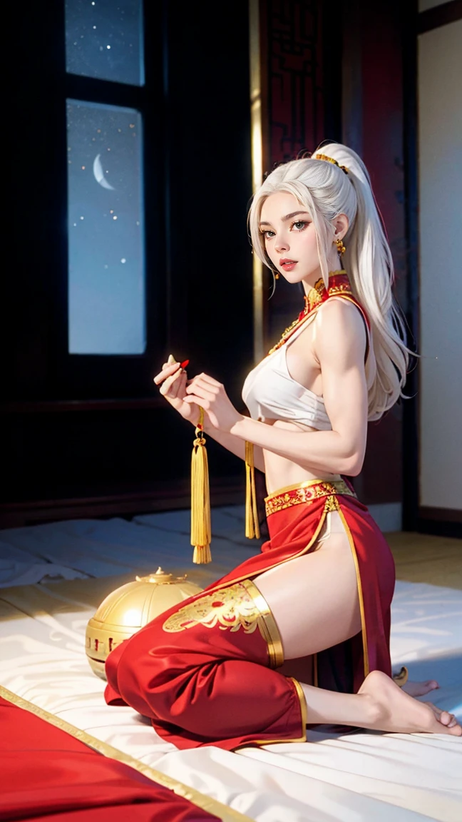 A very beautiful female empress, white  hair, yellow  eyes, red nails, beautiful young face, strong physical characteristics, slim but well-proportioned muscular body, with pearly white skin, with cracked abdomen. Wearing traditional Chinese imperial clothing decorated in gold with black details, with red Hanafuda earrings, with a red skirt, a black sandal. Kneeling on a white bed in an ancient Chinese room, with a full moon and stars in the window in the background, with light reflecting on the body