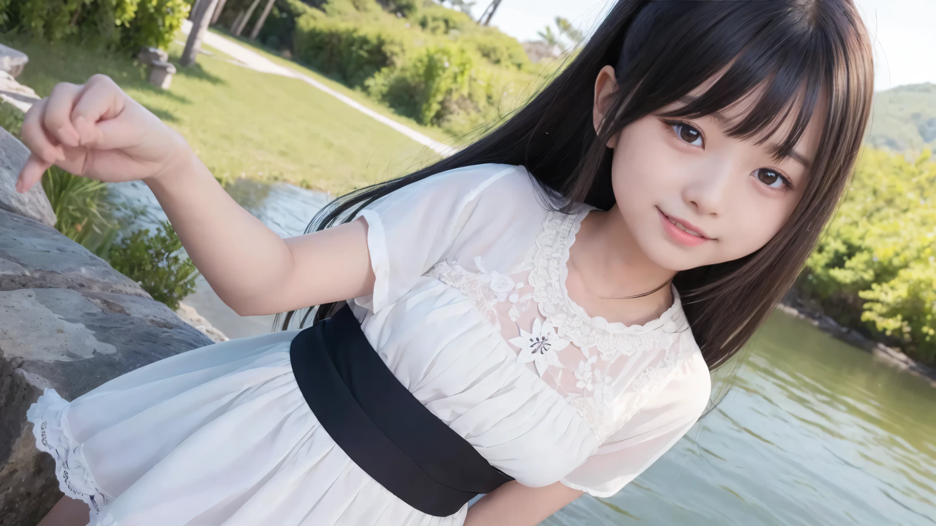 ((Attention to detail)),(Super detailed), Highly detailed CG Unity 8k wallpaper, beautiful girl, Highest quality, 8K, 、girl、Fluffy long hair、Summer outfit、Happy smile、sea
