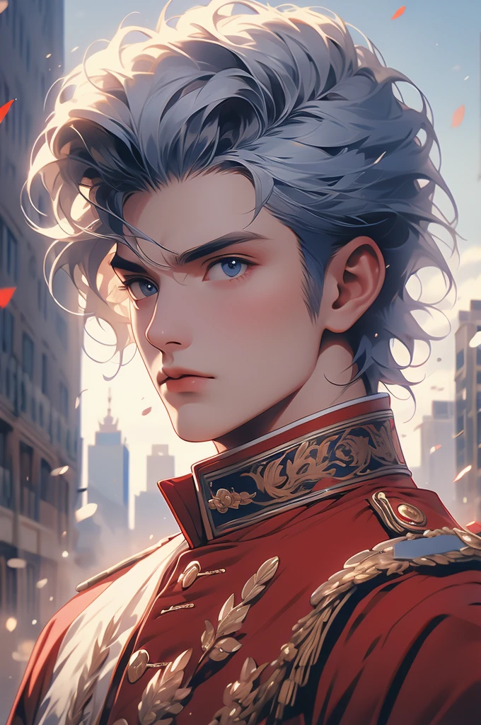 red military uniform, husar, short hair, Napoleonic wars, blue skies, city, short white hair