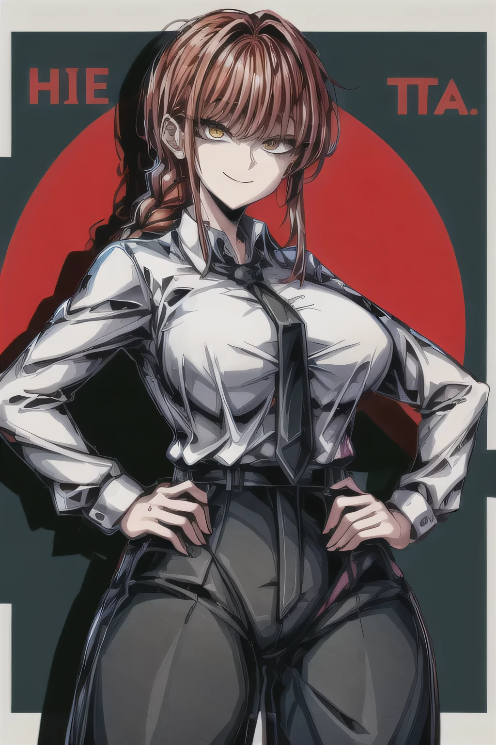 hands\(chainsaw man\), Smile, long sleeves, red hair, tie, big breasts, Alone, looking at the viewer, thick thighs, hand on hip, pants, black pants, yellow eyes, 1 girl, white shirt, braided ponytail, surrounded eyes, high-waist pants, shirt, braid, shirt tucked in, plain bottom, white bottom, black tie, collared shirt, Tall, Mommy