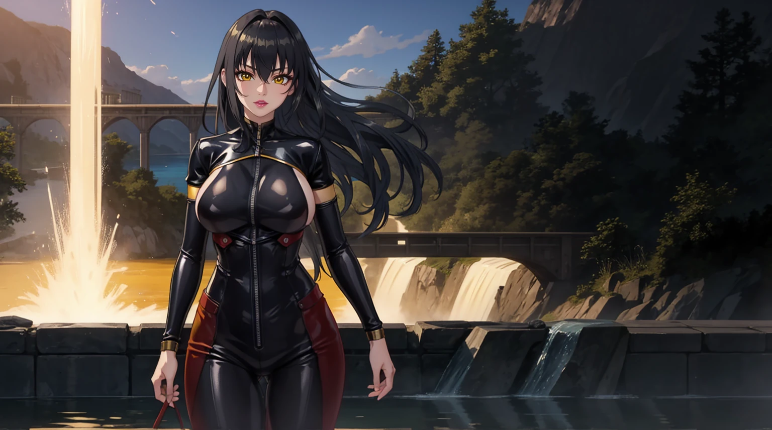 masterpiece:1.4),(best quality:1.4), soft lighting, cinematic bloom, beautiful face, beautiful eyes, cowboy shot, Annerose, 1girl, solo, female mature, black hair, long hair, (yellow eyes:1.4), large breasts, jumpsuit leather, skin tight, hair intakes, covered breasts, sideboob, exquisite eyes detail, exquisite character design unity details 8k hdr, professional art, landscape, bridge, (solo:1.5, cowboy shot:1.5), night, in the middle of lake surrounding by waterfall, sexy body, milf, 35 years old girl, big thighs, sexy waist