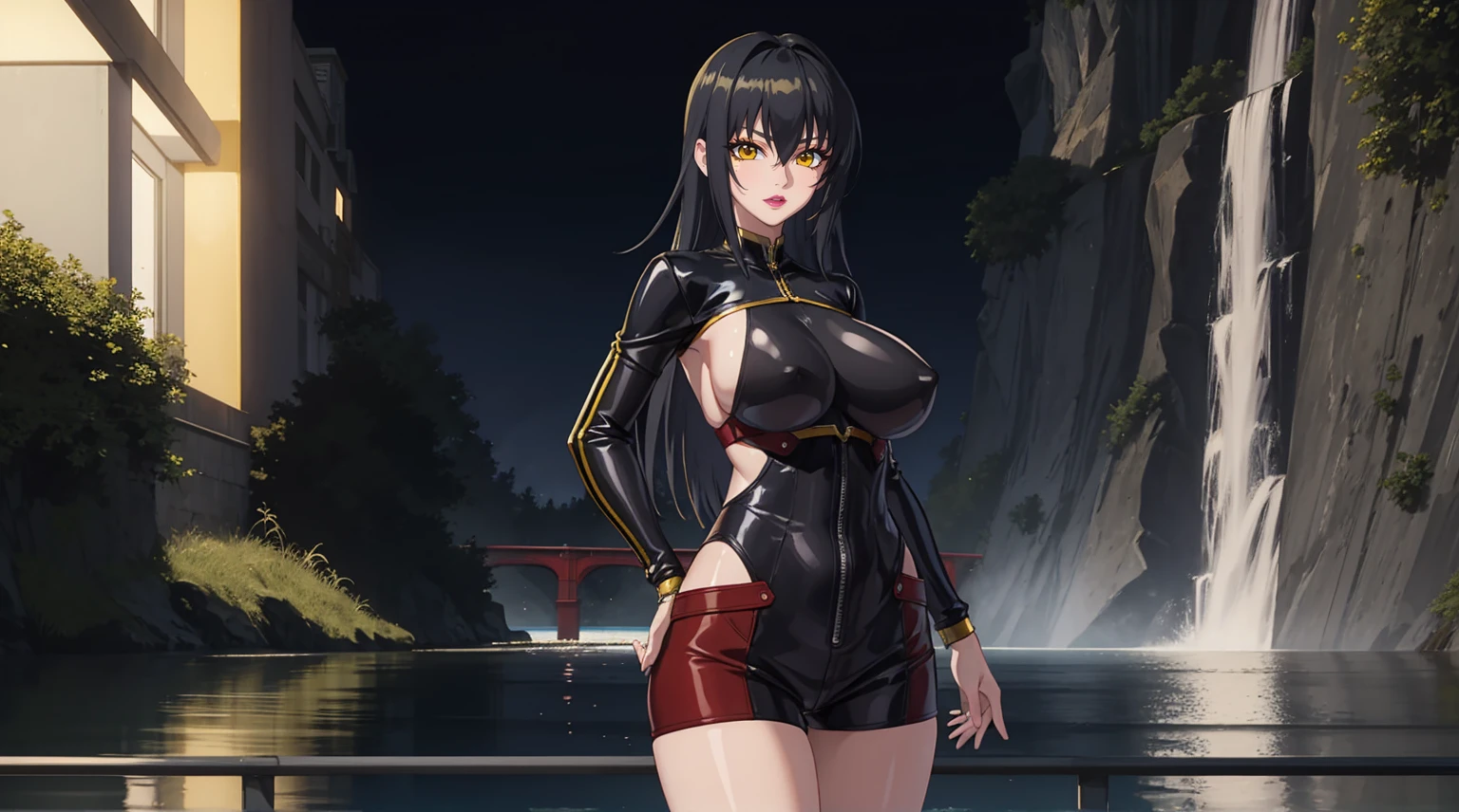 masterpiece:1.4),(best quality:1.4), soft lighting, cinematic bloom, beautiful face, beautiful eyes, cowboy shot, Annerose, 1girl, solo, female mature, black hair, long hair, (yellow eyes:1.4), large breasts, jumpsuit leather, skin tight, hair intakes, covered breasts, sideboob, exquisite eyes detail, exquisite character design unity details 8k hdr, professional art, landscape, bridge, (solo:1.5, cowboy shot:1.5), night, in the middle of lake surrounding by waterfall, sexy body, milf, 35 years old girl, big thighs, sexy waist