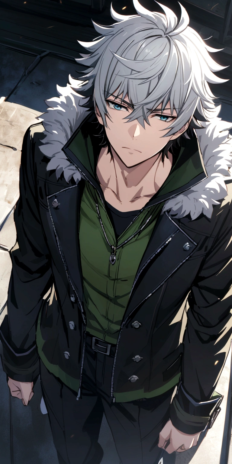 iwatani naofumi , blue and black clothes, and white hair, blue eye