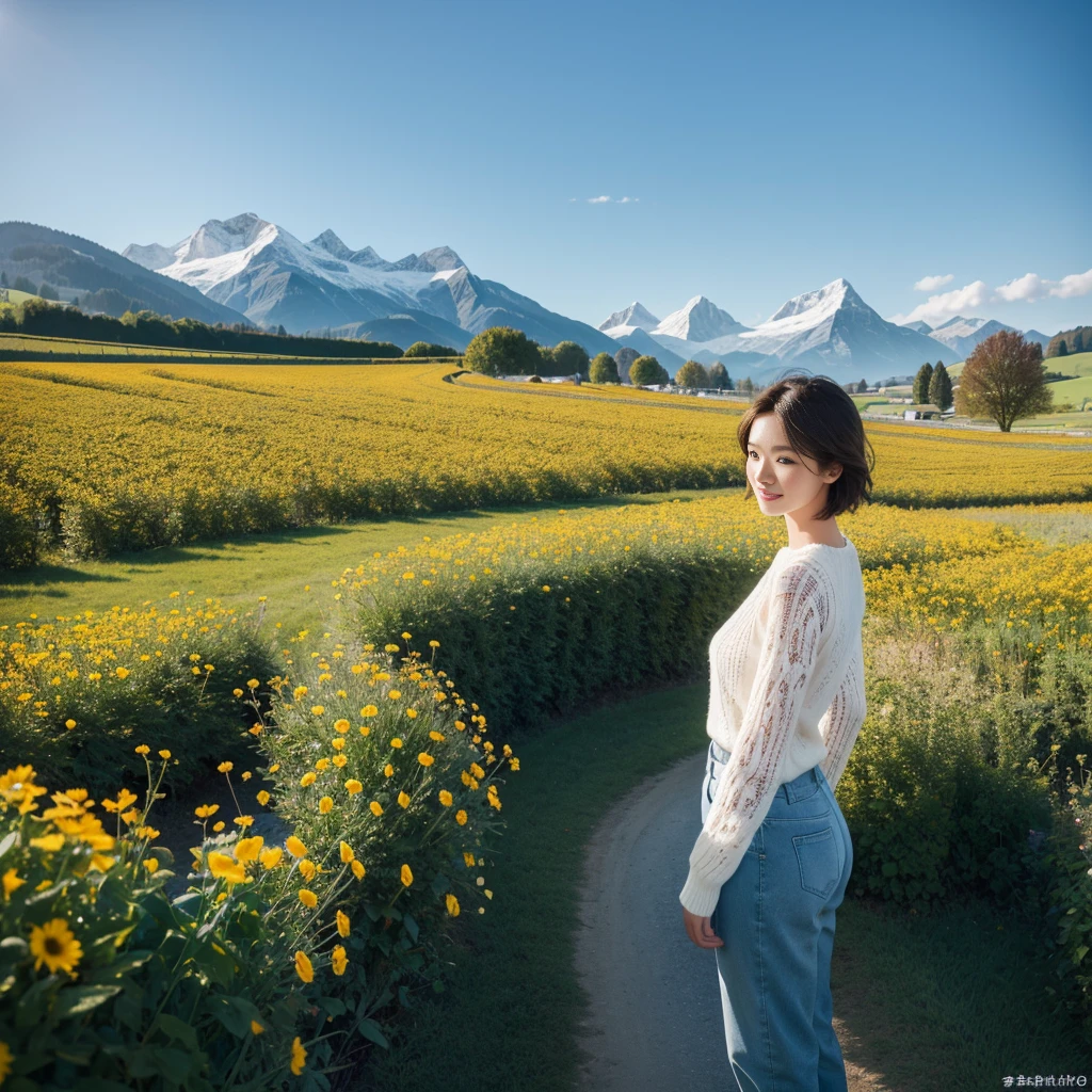 category : beauty photo theme : natural lace : Heonguk In Young Man 1 : 35 year old woman scene : short medium hair, outdoor , very tall and beautiful flower fields in switzerland , side view . Full of tall flower fields, Create a beautiful atmosphere , wind blowing effect, Beautiful facial expressions , elegant pose .smile at the camera: : tall flower garden, blue sky , Wearing high-end luxury brand knits and pants, wind blowing camera : Taken using Canon eos 90d DSLR camera with 18-135mm lens , Detailed skin texture , detailed face , enlargement , low exposure angle : high dynamic range (HDR) launch