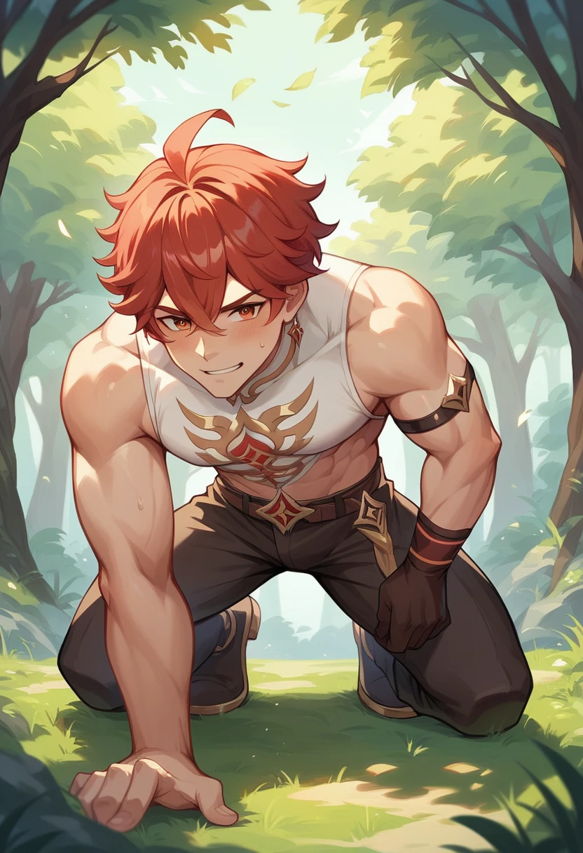 Pose simples, Handsome boy, naughty man, definitive chin, brawny, Red hair, Eyes red,  boy-3! In the forest by day, Genshin.