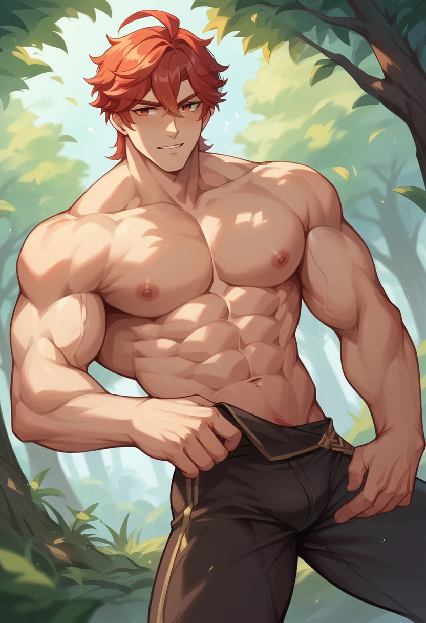 Pose simples, Handsome boy, naughty man, definitive chin, brawny, Red hair, Eyes red,  boy-3! In the forest by day, Genshin.