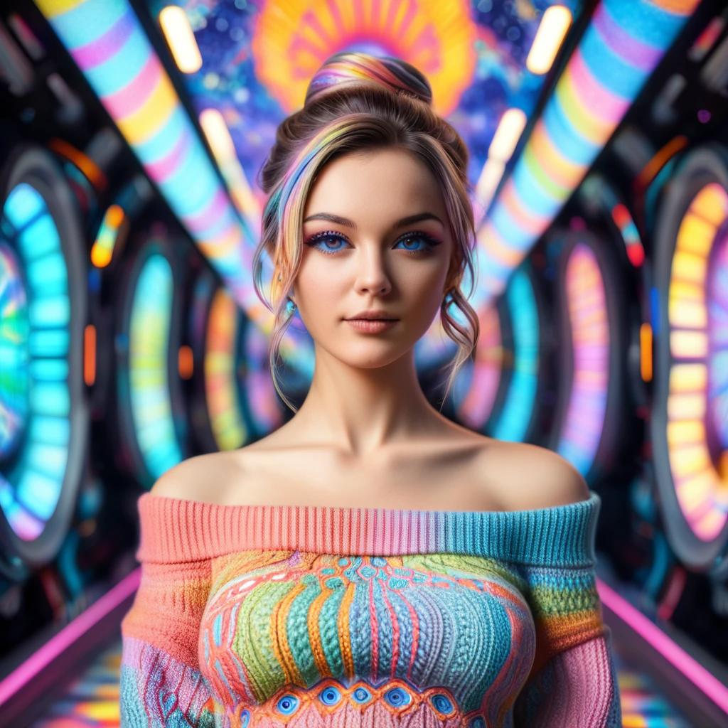 1 girl, mysterious girl, an exotic girl in an off-shoulder sweater, backlit background, pastel colors, attractive goddess, incredible depth, double exposure, surreal, geometric patterns, intricate details, bokeh, perfectly balanced, deep thin borders, artistic photorealism, smooth
photorealistic, 64k, ultrarealistic, Unreal Engine 5.