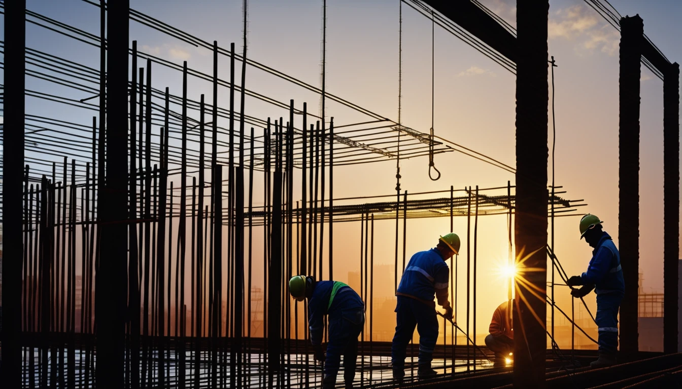 e workers on a construction site tying rebar,morning, sunny, workers in good working shape, Hyper realistic