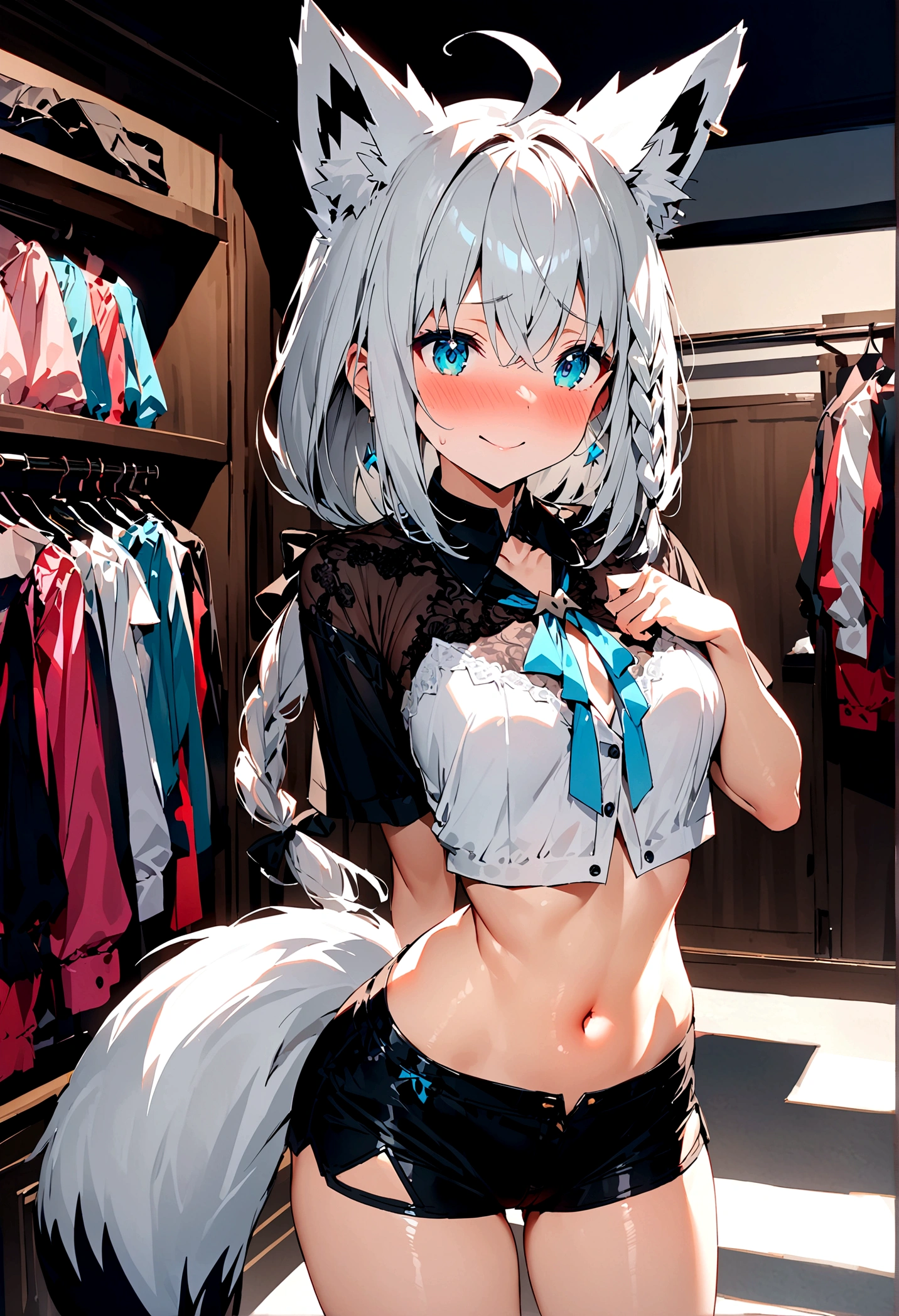 NSFW,masterpiece,Highest quality,High resolution,Super detailed,Shirakami Fubuki\(Hololive\),Gray Hair、One-sided braid、Ahoge、Earrings,Fox ears,Fox tail,Cropped jacket,Crop top shirt,Low-rise shorts,Embarrassed,blush,Expecting face,Seduce,smile,Lingerie Shop,Underwear section,Luxurious Room,Shy Pose