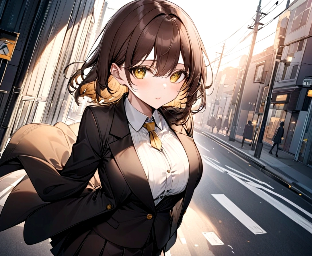 lineart,LineAniAF,1 Girl、Brown Hair、semi-long、、blazer、Pleated skirt、solo、Yellow Eyes、Highest quality、Masterpiece、Clear focus、Large Breasts、Perfect body、cute、Fine eyes、On the way home、