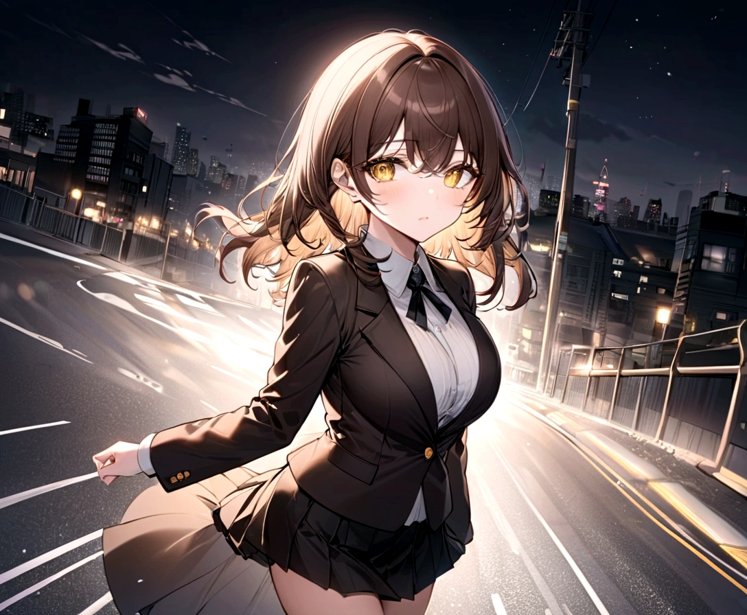 lineart,LineAniAF,1 Girl、Brown Hair、semi-long、、blazer、Pleated skirt、solo、Yellow Eyes、Highest quality、Masterpiece、Clear focus、Large Breasts、Perfect body、cute、Fine eyes、On the way home、