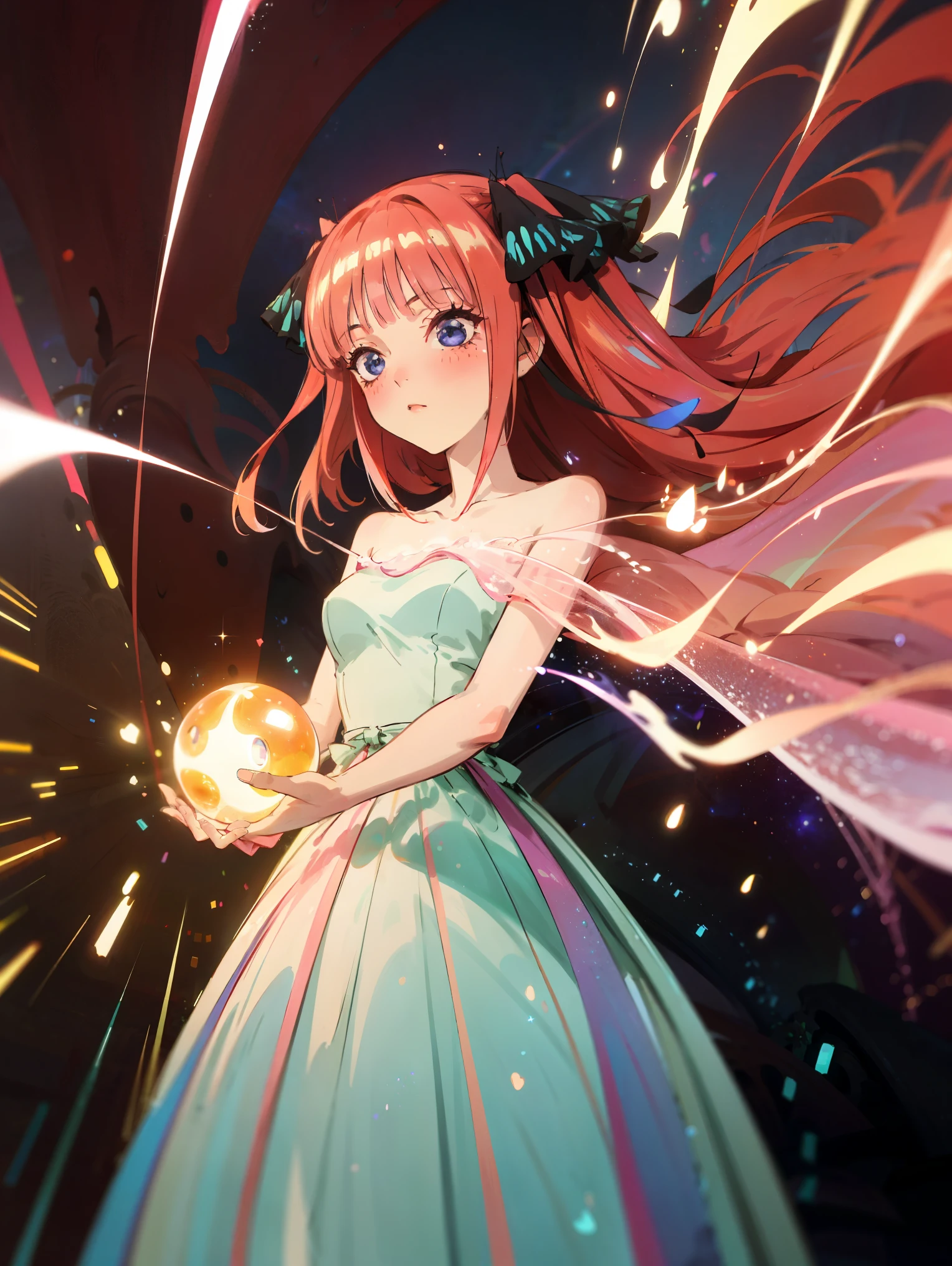 bioluminescent shiny glow, beautiful girl in flowing ballgown dress, galaxy style dress, galaxy glow, sparkling, ethereal, fluffy flowing pink hair, silky glistening iridescent pink hair,  nakano nino, hair ribbons, blue eyes, aanino