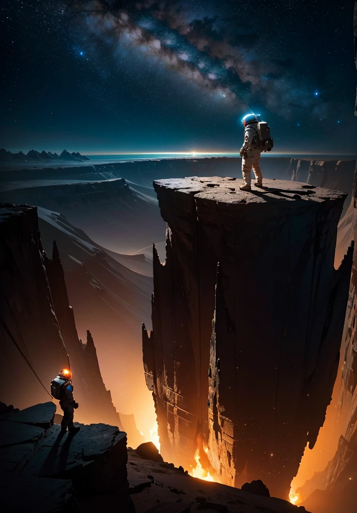 An astronaut stands on the edge of a vast cliff, peering down into an enormous, deep crater that stretches out before them. The Martian night sky is filled with countless stars, casting a gentle glow over the barren, rocky terrain. The depth of the crater is immense, disappearing into darkness, creating a sense of awe and wonder. Jagged rocks and steep slopes surround the scene, with the distant Martian mountains silhouetted against the starry sky. The astronaut's suit is faintly illuminated by their helmet lights, highlighting the surreal beauty of the Martian night.