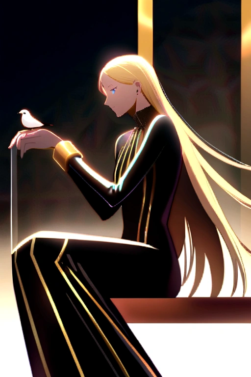 masculine, man) (just one model) (android) (blonde hair that reaches to the heels) (Blue eyes) (Slim and toned body) (She wears a tight brown bodysuit with gold details.) (laboratory background) (holding a bird in his hands) (very long hair that reaches to the heels) (man android con pájaros alrededor) (sitting with a bird perched on his hand)