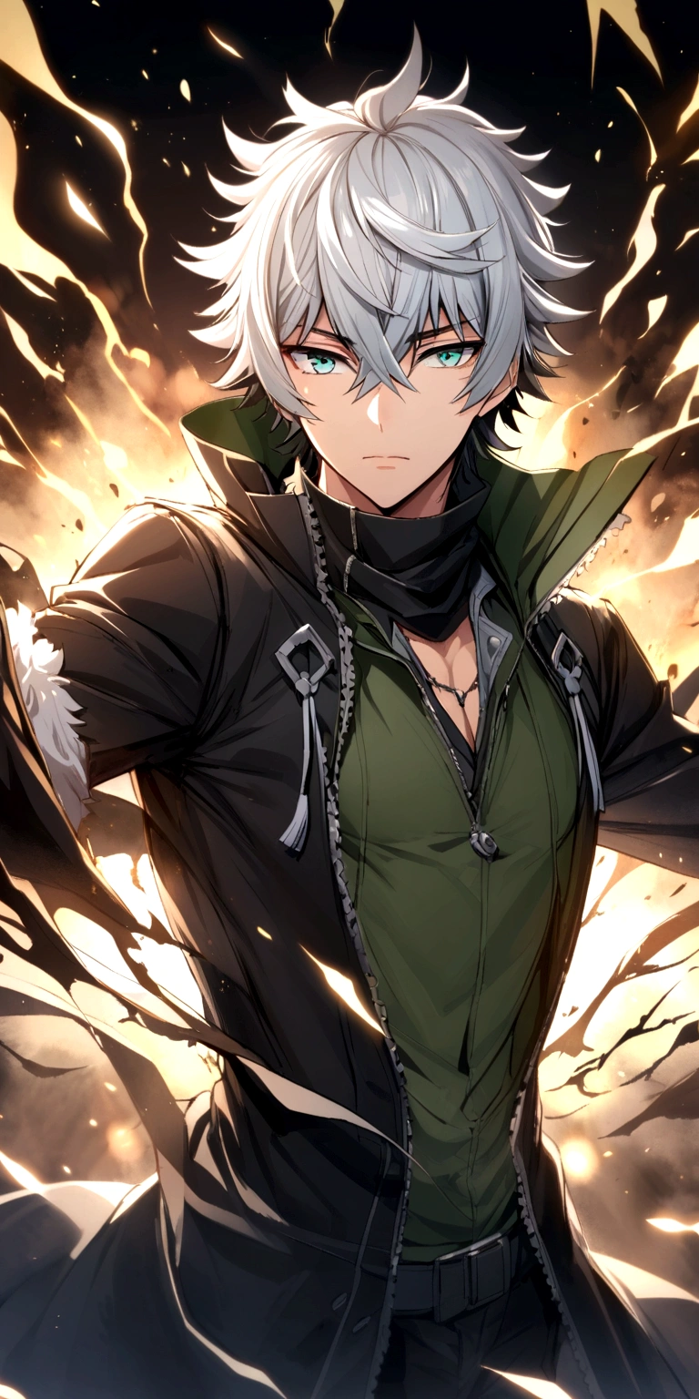 iwatani naofumi , blue and black clothes, and white hair, blue eye