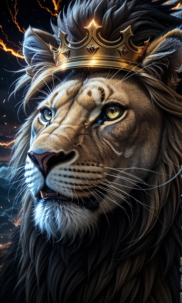 Lion, Divine Lion, naturals, naturals, ferocious, masculine, mighty, golden lion, rey crown, rey, golden crown, Realistic crown, Powerful Lion, beautiful nature, Great Realistic Lion, FullHD 8K, Light of sky, sunset night, Clear sky Sun, Black Golden, black andwhite, black and gold, detailed realistic face, 8K Detailed Realistic White Lion, Ultrarealistic 8k |, Energia de thunder realista detalhada, Strong Creature realista detalhada, Strong Creature, Lion macho, Rendering, Fotorrealista 8K, UltraHD Alta definição 8K, Detailed Realistic 16K, Nitidez Fotorrealista 8K, 16K photorealistic textures, Contraste Fotorrealista 8K, Sombras Fotorrealistas 8K, Luzes Fotorrealistas 8K, Detailed realistic sunset, Detailed Realistic Lion Face, Detailed realistic light, detailed textures, thunder, detailed shadows, detailed colors, Celestial Electricity, Golden thunder, Lion realista, Ultra Realistic 16K, Realistic 16K, Realistic 16K sharpness, 16K photorealistic textures, 16K realistic colors, powerful creature, Majestic power, Power of Heaven, Great Divine, detailed contrast, realistic contrast, high resolution, detailed colors, fire, villany, divine creature, 8K, realistic detailed, 16K, 8K, High definition, detailed contrast, realistic contrast, high resolution, detailed colors, fire, villany, divine creature, realistic detailed, chic, posh