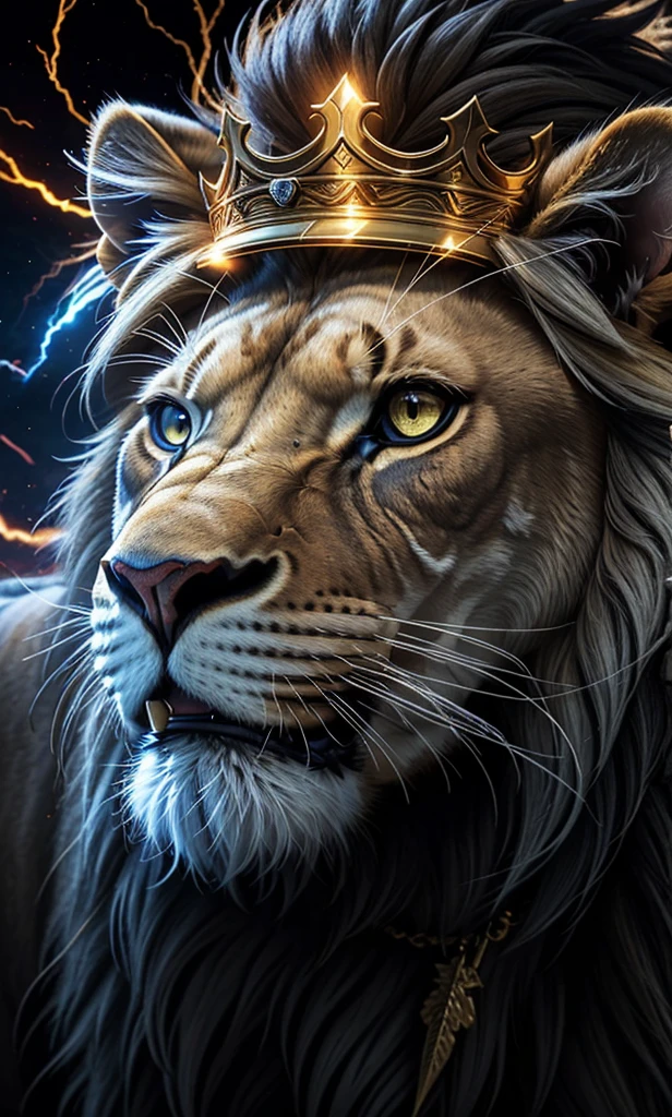Lion, Divine Lion, naturals, naturals, ferocious, masculine, mighty, golden lion, rey crown, rey, golden crown, Realistic crown, Powerful Lion, beautiful nature, Great Realistic Lion, FullHD 8K, Light of sky, sunset night, Clear sky Sun, Black Golden, black andwhite, black and gold, detailed realistic face, 8K Detailed Realistic White Lion, Ultrarealistic 8k |, Energia de thunder realista detalhada, Strong Creature realista detalhada, Strong Creature, Lion macho, Rendering, Fotorrealista 8K, UltraHD Alta definição 8K, Detailed Realistic 16K, Nitidez Fotorrealista 8K, 16K photorealistic textures, Contraste Fotorrealista 8K, Sombras Fotorrealistas 8K, Luzes Fotorrealistas 8K, Detailed realistic sunset, Detailed Realistic Lion Face, Detailed realistic light, detailed textures, thunder, detailed shadows, detailed colors, Celestial Electricity, Golden thunder, Lion realista, Ultra Realistic 16K, Realistic 16K, Realistic 16K sharpness, 16K photorealistic textures, 16K realistic colors, powerful creature, Majestic power, Power of Heaven, Great Divine, detailed contrast, realistic contrast, high resolution, detailed colors, fire, villany, divine creature, 8K, realistic detailed, 16K, 8K, High definition, detailed contrast, realistic contrast, high resolution, detailed colors, fire, villany, divine creature, realistic detailed, chic, posh