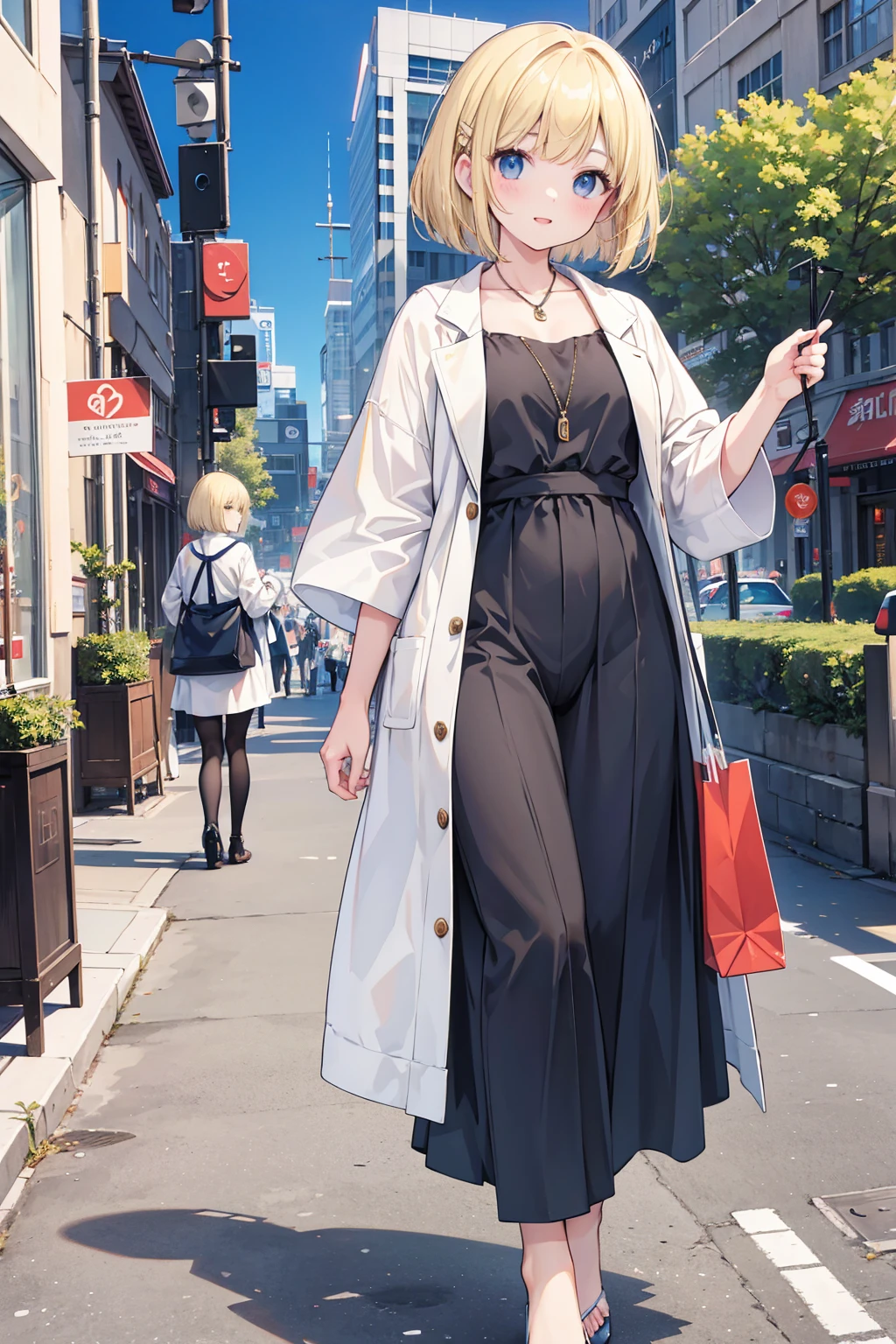 Photorealistic、Highest quality、Highest Resolution、Highest quality、８Ｋ、1人のBeautiful woman、Beautiful woman、Beautiful woman、Bob Cut Hair、Blonde、Casual Style、Walking around the city、shopping、looks fun