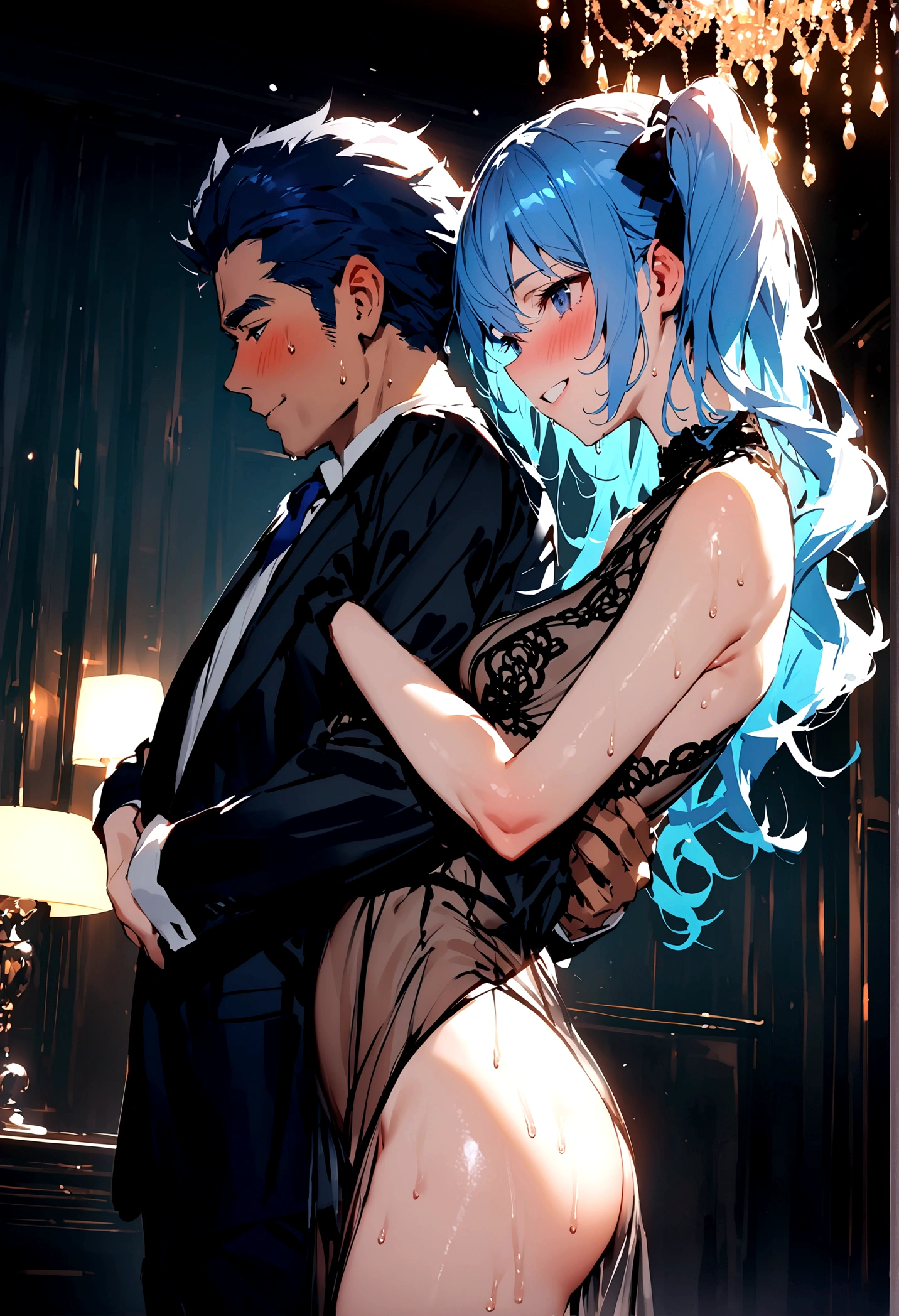 NSFW,masterpiece,Highest quality,High resolution,Super detailed,Star Town Suisei\(Hololive\),Blue Hair,One Side Ponytail,Blue Eyes,Small breasts,(High-quality see-through dress,silk),Estrus,smile,blush,(Sweat),Luxurious Room,Party Venue,chandelier,(Middle-aged men),A man puts his hands on her waist and hugs her,Having sex,Insert,Creampie,heart,From the side