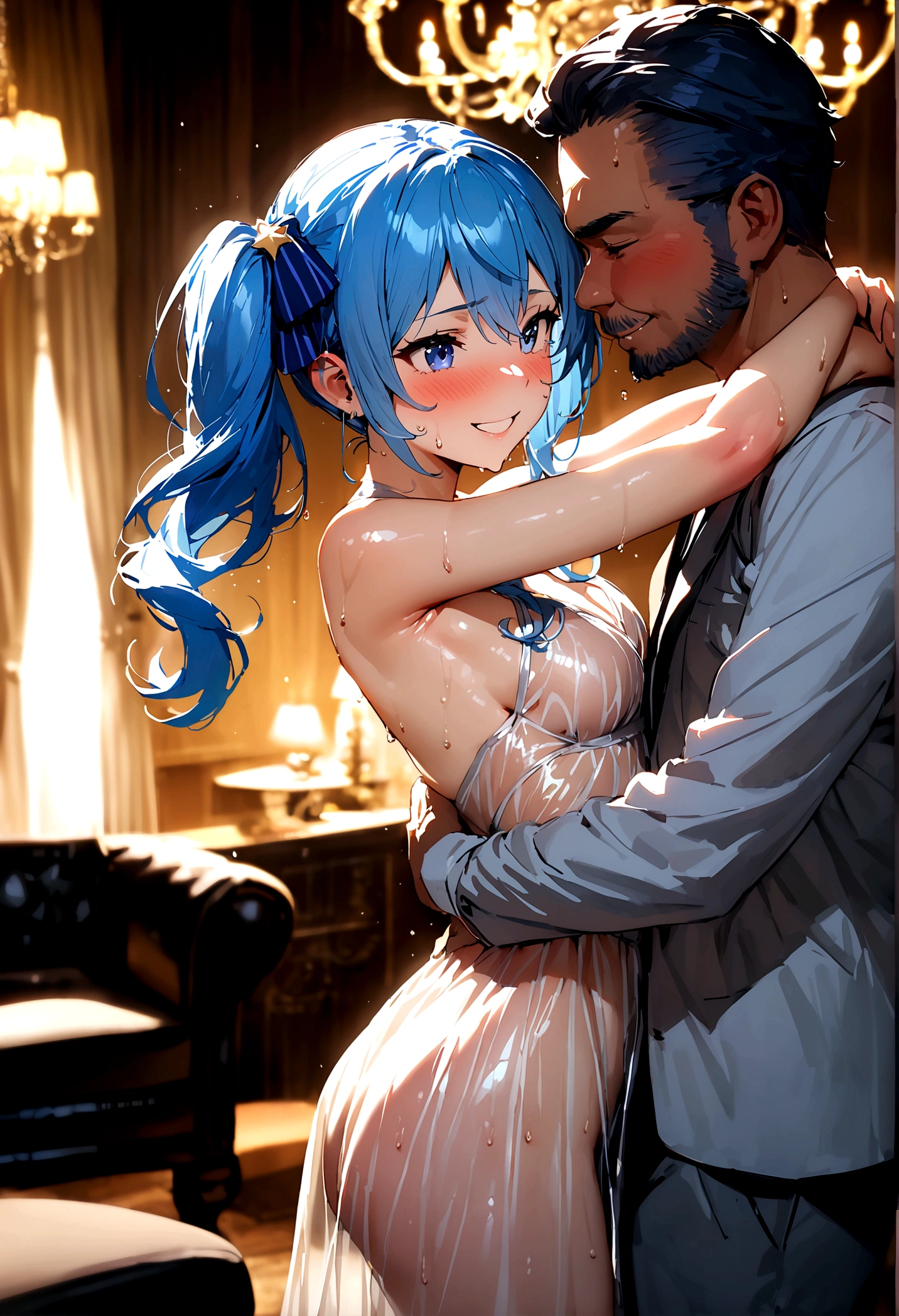 NSFW,masterpiece,Highest quality,High resolution,Super detailed,Star Town Suisei\(Hololive\),Blue Hair,One Side Ponytail,Blue Eyes,Small breasts,(High-quality see-through dress,silk),Estrus,smile,blush,(Sweat),Luxurious Room,Party Venue,chandelier,(Middle-aged men),A man puts his hands on her waist and hugs her,Having sex,Insert,Creampie,heart,From the side