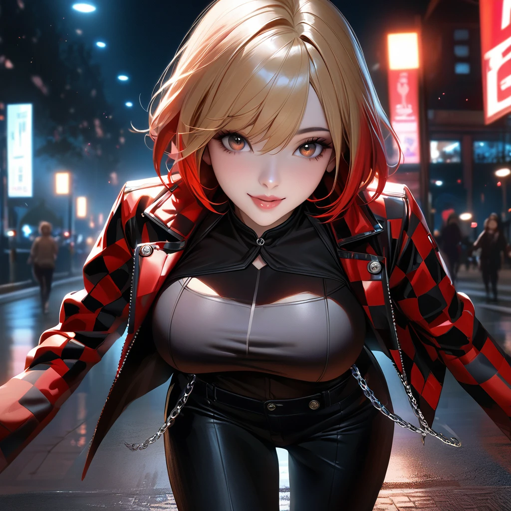 A woman wearing a long-sleeved jacket, checkered jacket with red and black colors, open jacket, short black shirt, exposed abdomen, black pants, black boots, silver chain between pants, big breasts, smiling, brown eyes, blonde hair , short hair, red bangs, strands of red hair, multicolored hair, perfect face, perfect eyes, perfect lips, well detailed walking on the concrete sidewalk of a park, blurred background, location at night, with a street light illuminating the location, blue lighting, realistic, (woman alone),close view
