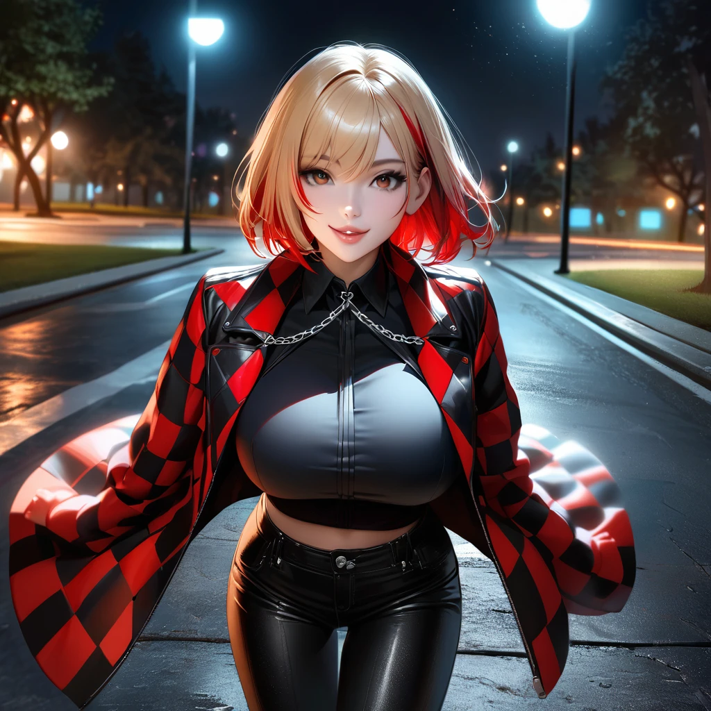 A woman wearing a long-sleeved jacket, checkered jacket with red and black colors, open jacket, short black shirt, exposed abdomen, black pants, black boots, silver chain between pants, big breasts, smiling, brown eyes, blonde hair , short hair, red bangs, strands of red hair, multicolored hair, perfect face, perfect eyes, perfect lips, well detailed walking on the concrete sidewalk of a park, blurred background, location at night, with a street light illuminating the location, blue lighting, realistic, (woman alone),close view
