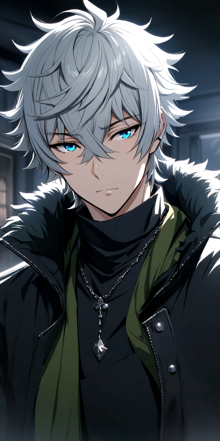 iwatani naofumi , blue and black clothes, and white hair, blue eye