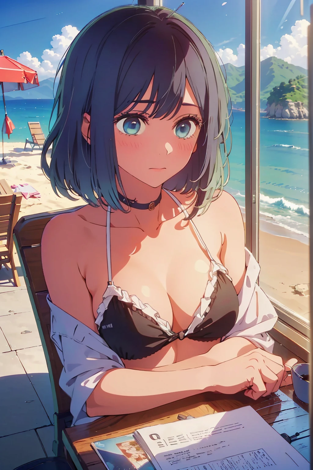 (Highest quality:1.4、masterpiece:1.4、Super detailed:1.4、8K:1.4)、((((1 person、Surprised expression、sit、Outdoor café terrace、coastal、juice、table、Sandy Beach、juiceのグラスを持つ、Plain Bikini、The depth of the written world、Very soft boobs、Big eyes、Very cute face))))、F cup bust、Medium breast