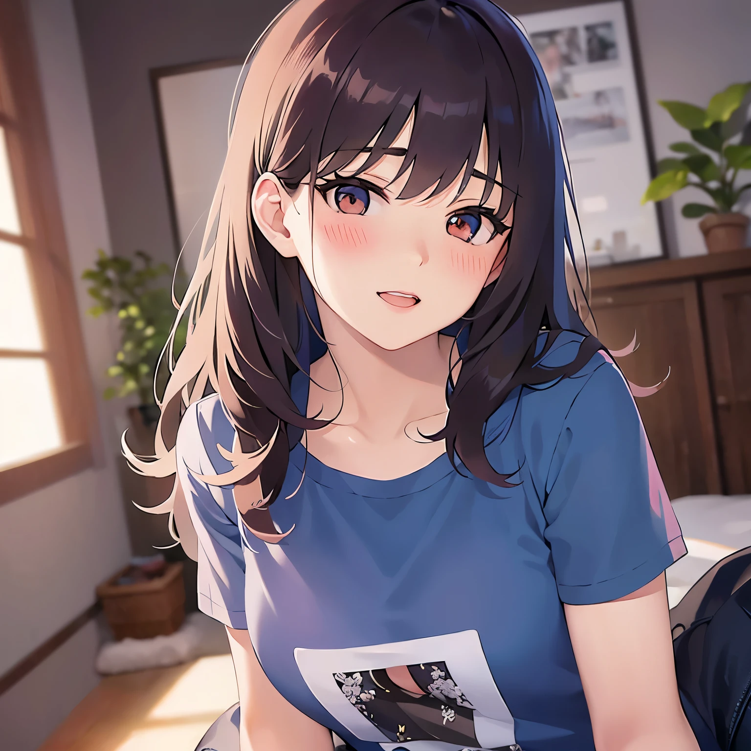 lookin at viewer,Upper Body, eyes closed
Realistic, real person, (pale skin: 1.2), RAW photo, photorealistic, shiny skin, shiny hair、
(A 25-year-old woman with medium-length hair and bangs) and (wavy hair) and (brown hair) and (Orange Eyes)
, smile,(blush:1.5)
t-shirt,The background is the living room at night、open mouth