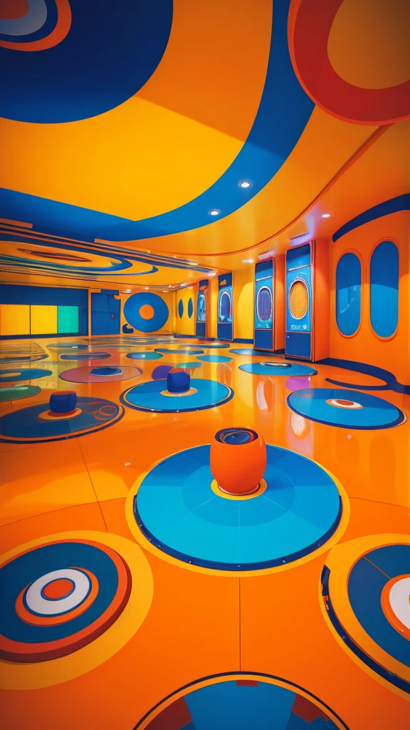 A colurful scene with orange, red, blue, yellow 2D forms, a massive giant jukebox in the center playing musical notes, floating vynils and  drawing flowers style floating, in the background a triangular abstract sun, colorful floor, reflexive, colorful, abstract, simplistic, colorful blue and orange and yellow dye sky, cartoony vibrant style