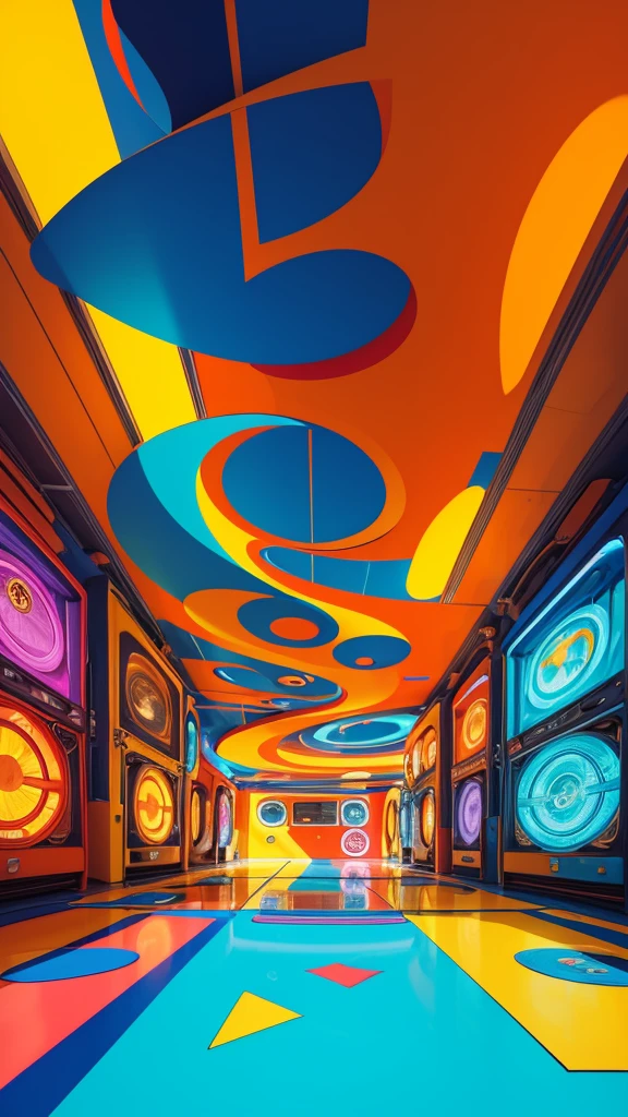 A colurful scene with orange, red, blue, yellow 2D forms, a massive giant jukebox in the center playing musical notes, floating vynils and  drawing flowers style floating, in the background a triangular abstract sun, colorful floor, reflexive, colorful, abstract, simplistic, colorful blue and orange and yellow dye sky, cartoony vibrant style