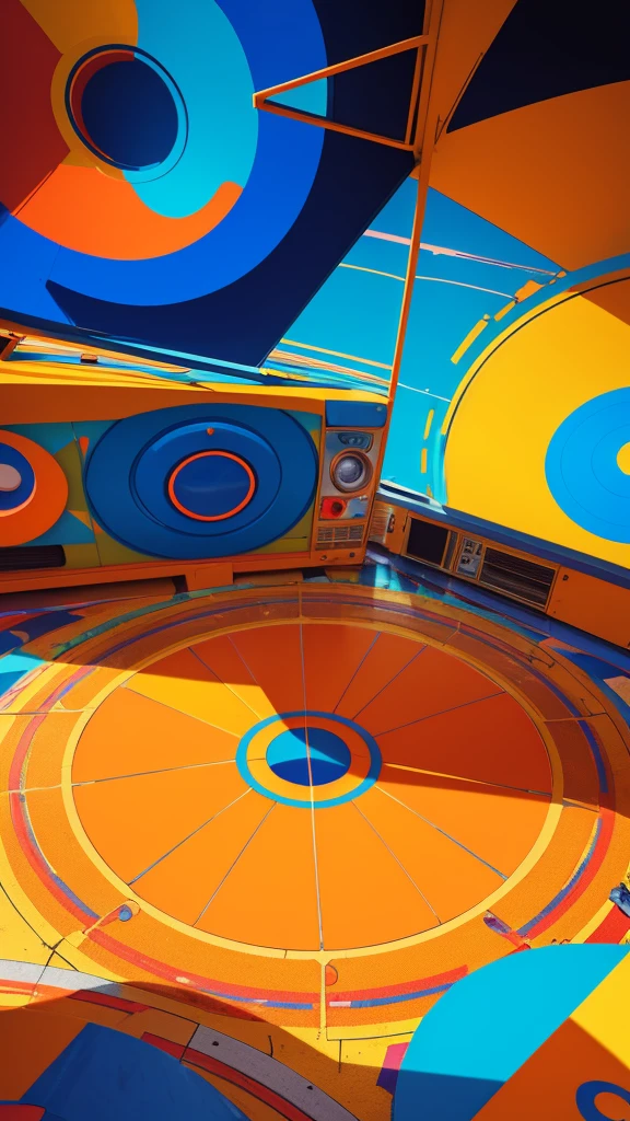 A colurful scene with orange, red, blue, yellow 2D forms, a massive giant jukebox in the center playing musical notes, floating vynils and  drawing flowers style floating, in the background a triangular abstract sun, colorful floor, reflexive, colorful, abstract, simplistic, colorful blue and orange and yellow dye sky, cartoony vibrant style