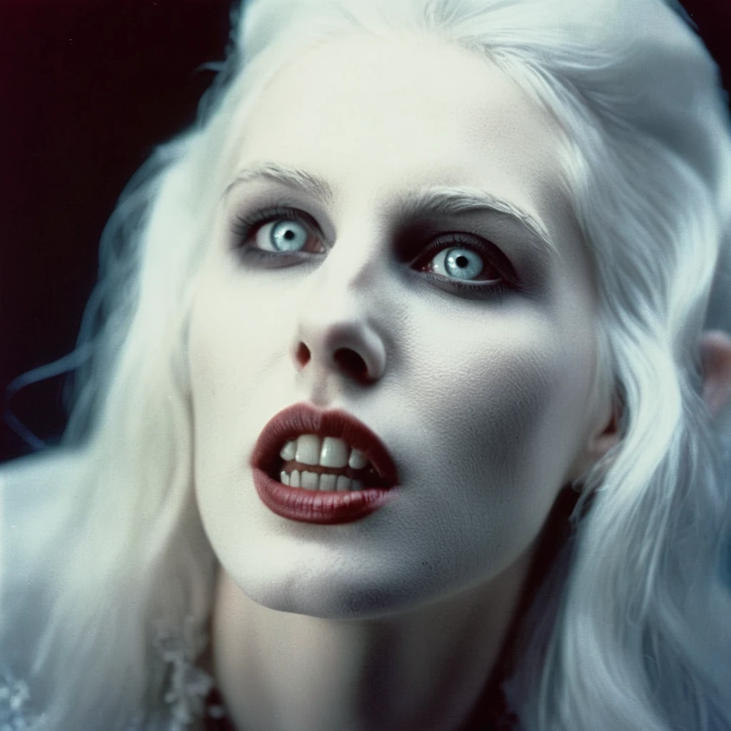 analog film photo of  Female Vampire a pale ice cold skin vampire woman with white hair and a white face and reflective eyes  in , faded film, desaturated, 35mm photo, grainy, vignette, vintage, Kodachrome, Lomography, stained, highly detailed, found footage