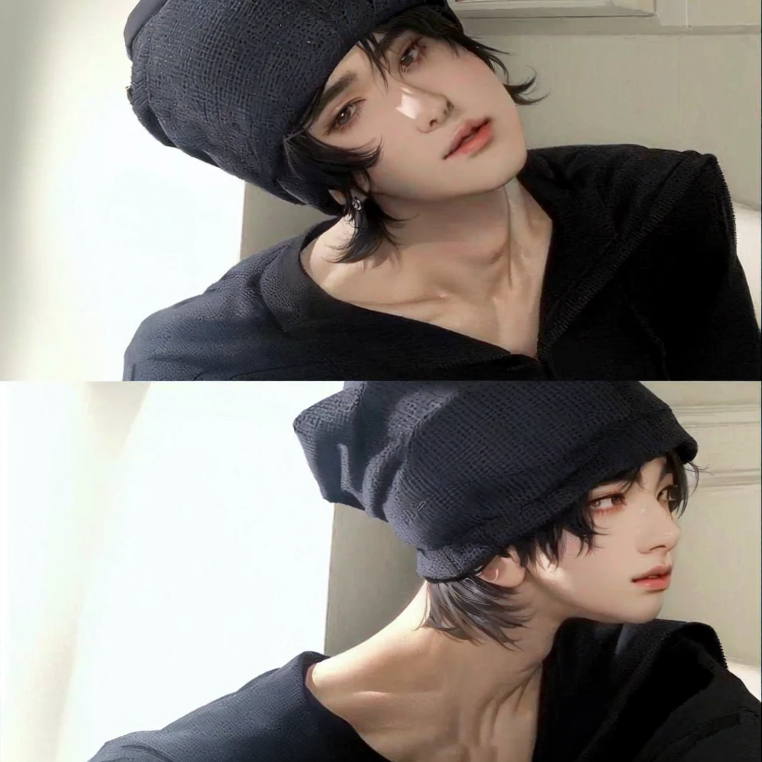 a close up of a person wearing a hat and a black shirt, male ulzzang, cai xukun, jinyoung shin, with short hair, ulzzang, 1 7 - year - old boy thin face, with same hairstyle, kim doyoung, jinyoung shin aesthetic, jungkook, he has an elongated head shape, wan adorable korean face, kpop jungkook, bts jungkook, jeon jungkook, korean face, kpop idol boy, dolly.