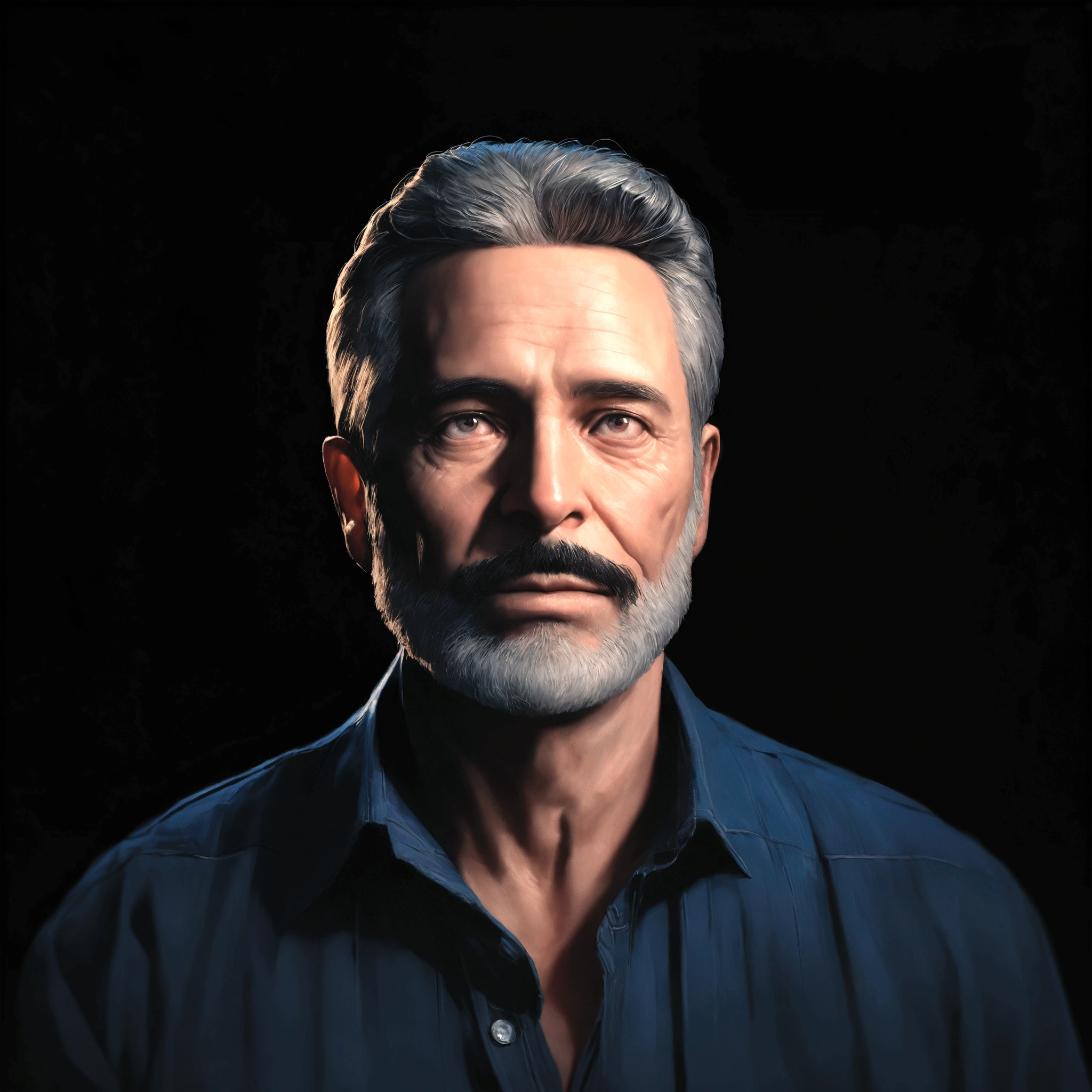 arafed man with a beard and a blue shirt looking at the camera, by Alejandro Obregón, portrait shot 8 k, chiaroscuro portrait, 5 0 years old man, 4k portrait, 8k portrait render, handsome man, dark grey haired man, highly detailed vfx portrait, by Giorgio Cavallon, A realistic portrait of a 50 year old man, handsome, charming man, front view, front view of his face, looking forward, shoulders and full face, on a black background, captured in ambient light, highly detailed, 8k resolution, cinematographic lighting, realism, photorealism, hyperrealism, professional photography, uhd.