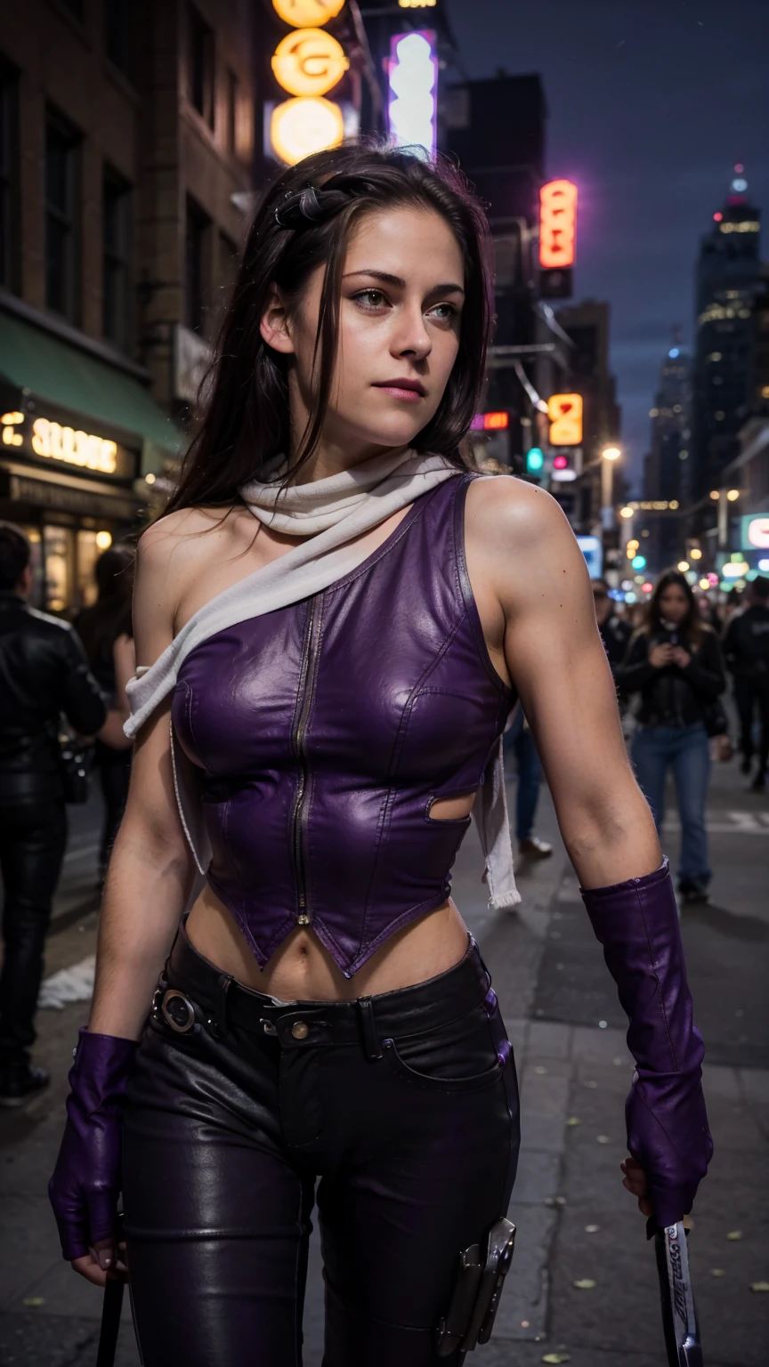 (masterpiece), (photorealistic1.4), (1 girl), (solo), (best quality), (epiCRealLife), (medium breast), (Kate Bishop long hair), (sleeveless top), (Kristen Stewart), (kateb2023 black utility belt), (kateb2023 purple costume), (purple pants) (kateb2023 purple sleevless bodysuit), (sks woman),(white scarf), bare shoulder), (night time), (cowboy shots), (close up), (elbow gloves), (abs), (flash photography), (film photo), (cowboy shots), (outdoor), (street of new york), (at night), (look at viewers),(light smile)