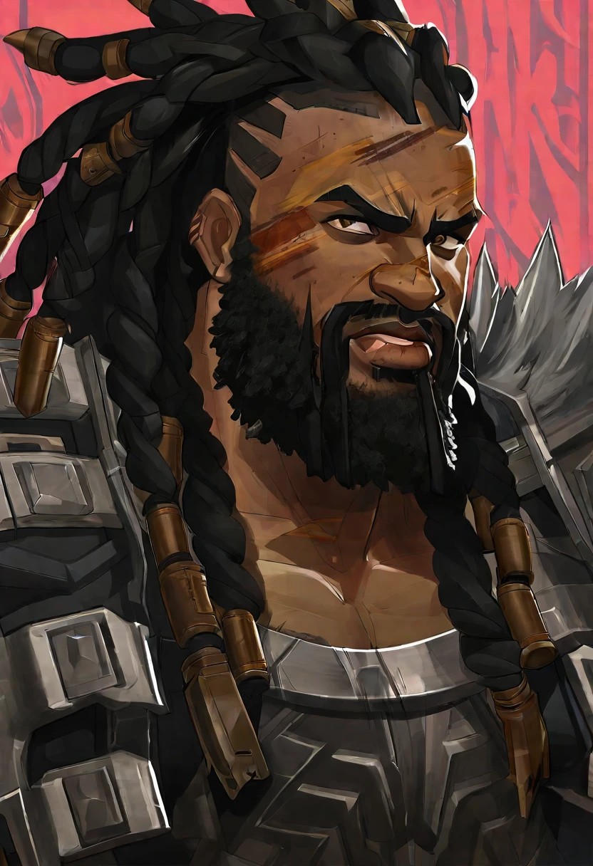 black berserker fighter with dreadlocks and beard covered in scars