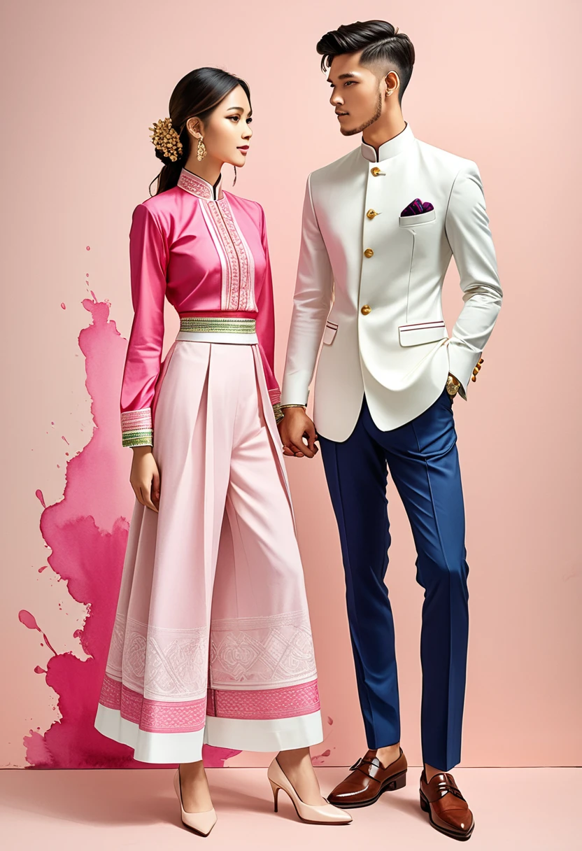 candid fashion illustration of two young man and women, 20-27 year old, adorned in a meticulously crafted North Thai traditional outfits, Lampang, ((showcase fashion Lanna style in cotton handwoven in pink)), simple elegant style, The man wears a simple long-sleeved white mandarin collar suit, paired with Tailor pants, and oxford shoes, The woman complements him with ankle-length tubular skirt, simple minimal patterns details, fitted intricately decorated waist-length blouse that complements the skirt, standing, Captured in full-body image, ((imperfect water color background)), sketching, realistic drawing, imperfect water color drawing, fashion look book, fashion illustrator, sketch design,