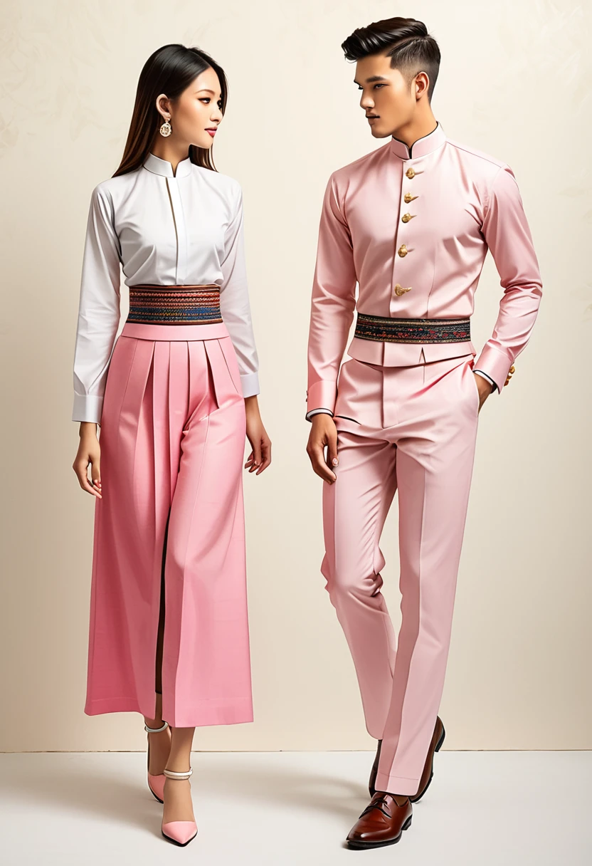 candid fashion illustration of two young man and women, 20-27 year old, adorned in a meticulously crafted North Thai traditional outfits, Lampang, ((showcase fashion Lanna style in cotton handwoven in pink)), simple elegant style, The man wears a simple long-sleeved white mandarin collar suit, paired with Tailor pants, and oxford shoes, The woman complements him with ankle-length tubular skirt, simple minimal patterns details, fitted intricately decorated waist-length blouse that complements the skirt, standing, Captured in full-body image, ((imperfect water color background)), sketching, realistic drawing, imperfect water color drawing, fashion look book, fashion illustrator, sketch design,