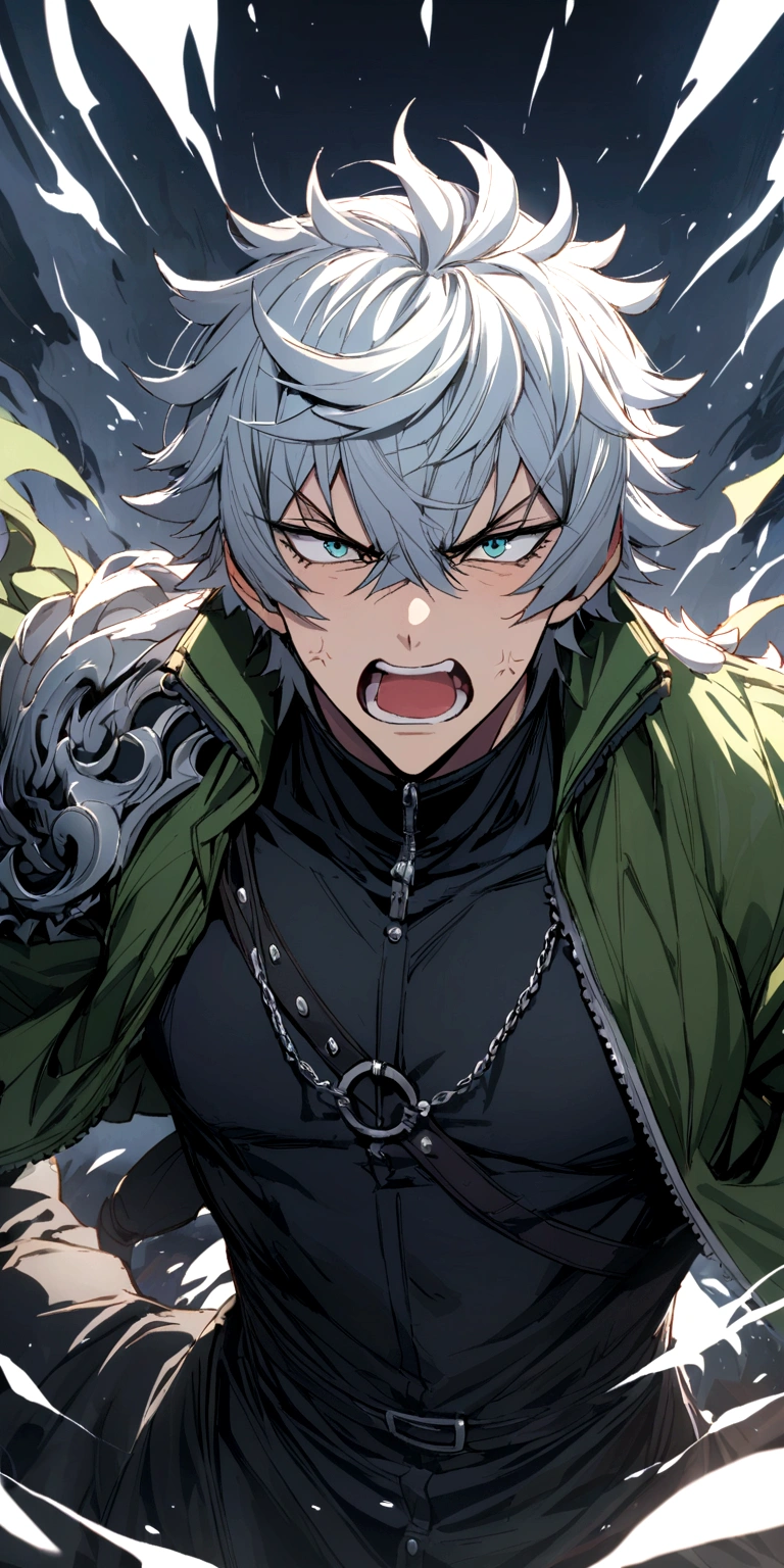 iwatani naofumi , blue and black clothes, and white hair, blue eye, angry 