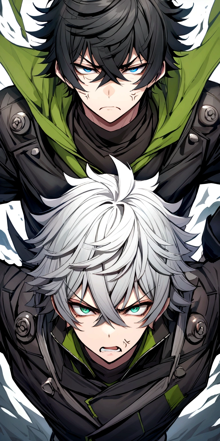 iwatani naofumi , blue and black clothes, and white hair, blue eye, angry