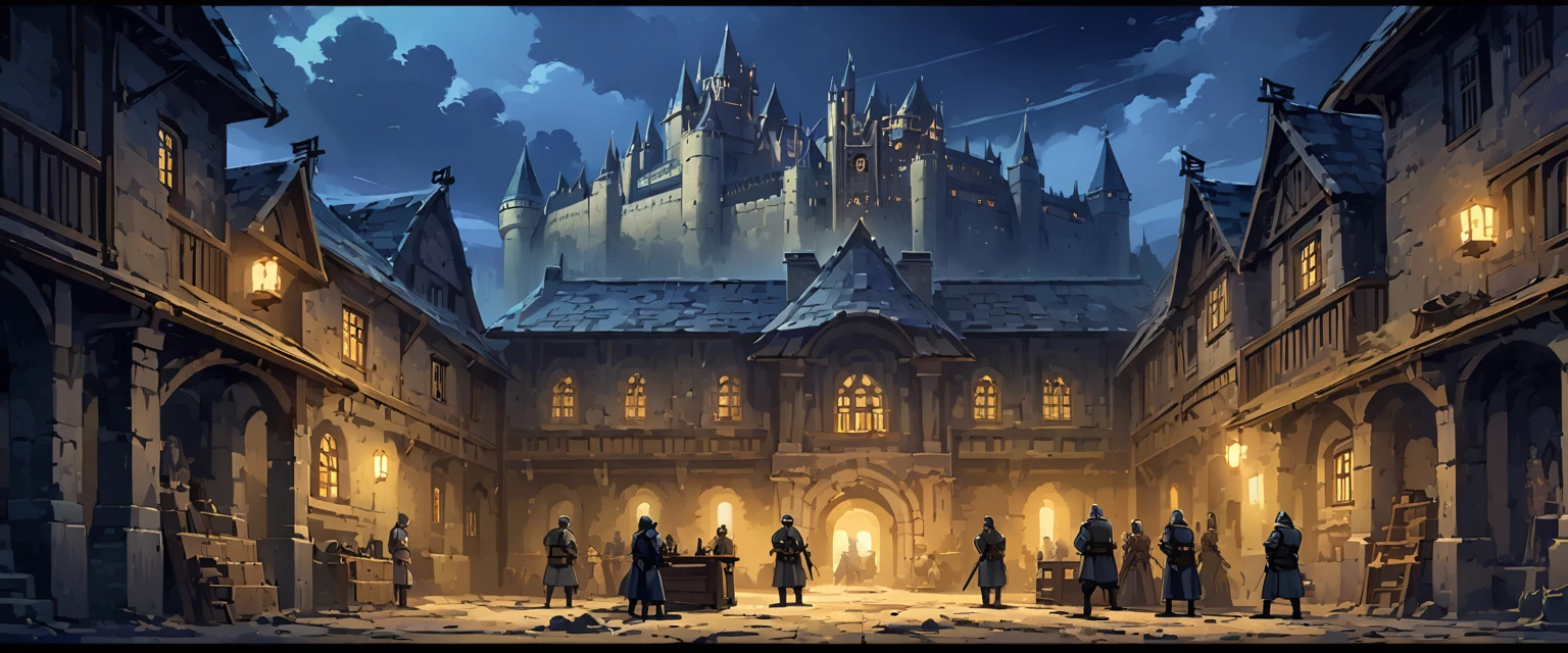castle，欧洲中世纪的castle，有欧洲中世纪的士兵在castle外面巡逻，There are medieval European soldiers training in the barracks。night，Night view。Mid-ground composition，Panorama pictures，Scene screen，Game concept art style，Anime illustration style，HD，4K。
