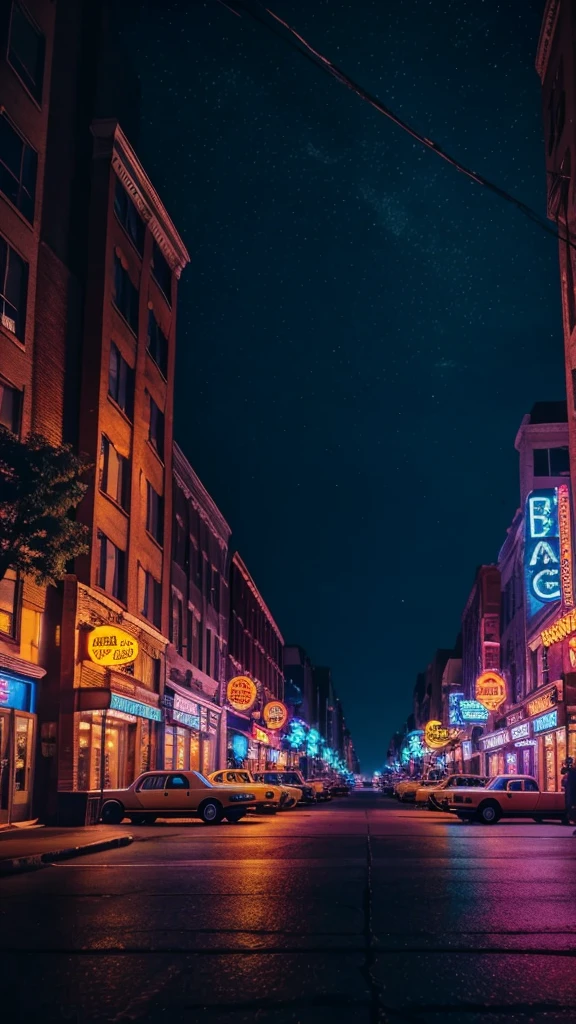a night scene of an 80s neighborhood with trees on the sidewalks and no one on the street, beautiful night sky, neon lights, vintage cars parked on the street, brick buildings, warm lighting, atmospheric mood, highly detailed, cinematic, hyper realistic, 8k, photorealistic, masterpiece