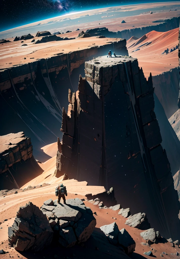 An astronaut stands on the edge of a vast cliff, peering down into an enormous, deep crater that stretches out before them. The Martian night sky is filled with countless stars, casting a gentle glow over the barren, rocky terrain. The depth of the crater is immense, disappearing into darkness, creating a sense of awe and wonder. Jagged rocks and steep slopes surround the scene, with the distant Martian mountains silhouetted against the starry sky. The astronaut's suit is faintly illuminated by their helmet lights, highlighting the surreal beauty of the Martian night.