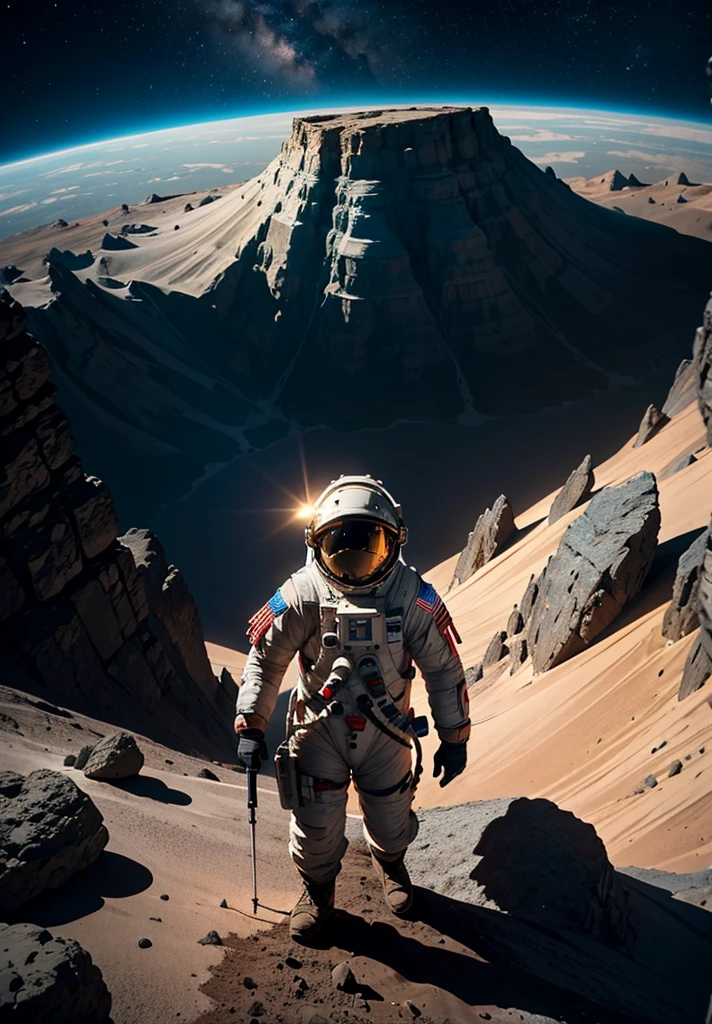 An astronaut stands on the edge of a vast cliff, peering down into an enormous, deep crater that stretches out before them. The Martian night sky is filled with countless stars, casting a gentle glow over the barren, rocky terrain. The depth of the crater is immense, disappearing into darkness, creating a sense of awe and wonder. Jagged rocks and steep slopes surround the scene, with the distant Martian mountains silhouetted against the starry sky. The astronaut's suit is faintly illuminated by their helmet lights, highlighting the surreal beauty of the Martian night.