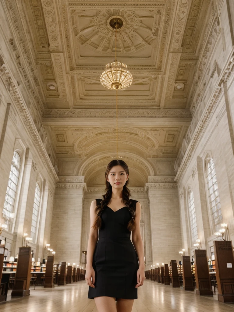 her name is Asako, high quality, 1girl, ((20-year-old fit Caucasian woman)), ((20 years old)), ((slim)), ((Fishtail Braid hair)), pose: standing, wearing aesthetic Generation-Z modern wear different colored, BACKGROUND: "In the New York Public Library's Rose Main Reading Room, with its grand chandeliers and ornate ceiling."