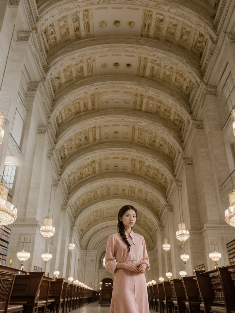 her name is Asako, high quality, 1girl, ((20-year-old fit Caucasian woman)), ((20 years old)), ((slim)), ((Fishtail Braid hair)), pose: standing, wearing aesthetic Generation-Z modern wear different colored, BACKGROUND: "In the New York Public Library's Rose Main Reading Room, with its grand chandeliers and ornate ceiling."