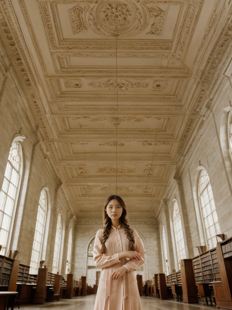 her name is Asako, high quality, 1girl, ((20-year-old fit Caucasian woman)), ((20 years old)), ((slim)), ((Fishtail Braid hair)), pose: standing, wearing aesthetic Generation-Z modern wear different colored, BACKGROUND: "In the New York Public Library's Rose Main Reading Room, with its grand chandeliers and ornate ceiling."